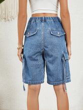 Buttoned Elastic Waist Denim Shorts with Pockets OutfitFlow